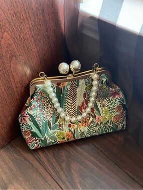 Pearl-Handle Floral Frame Clutch - vibrant multicolor gold - garden party quirky